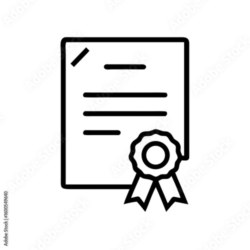 Black outline drawing of a certificate with a seal and ribbons on a white background in a simple style