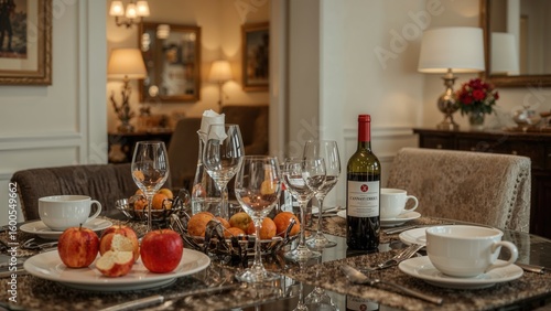 Wallpaper Mural Dining table set with dishes, fruits, glasses, and a wine bottle indoors Torontodigital.ca