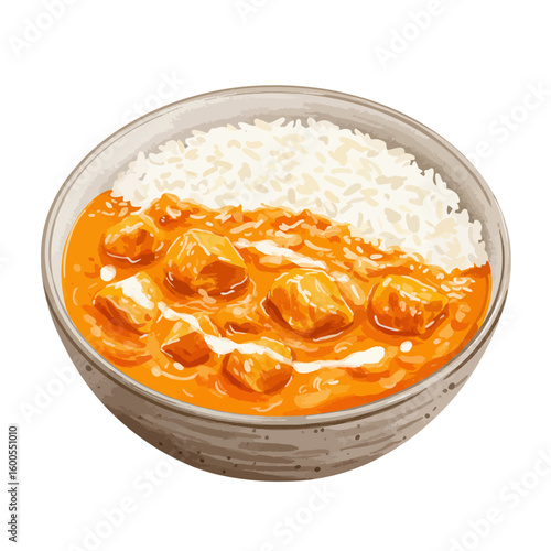 Delicious creamy butter chicken curry with fluffy white rice in a bowl isolated