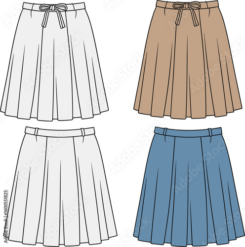 Flat vector front view of pleated midi skirts with waistband and bow tie, fashion CAD drawing, digital clothing template 
