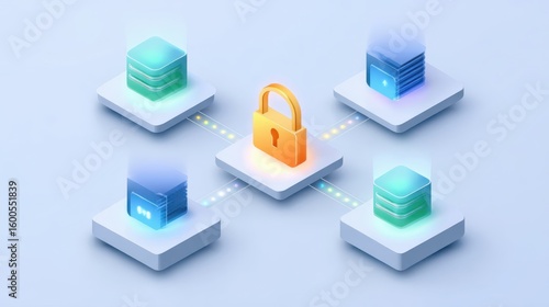Secure data technology concept showing central padlock on decentralized network. An isometric illustration symbolizing blockchain protection and cyber security innovation