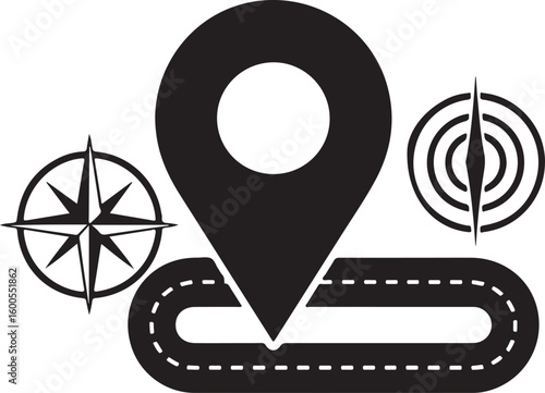 Navigation symbols including map pin compass road location