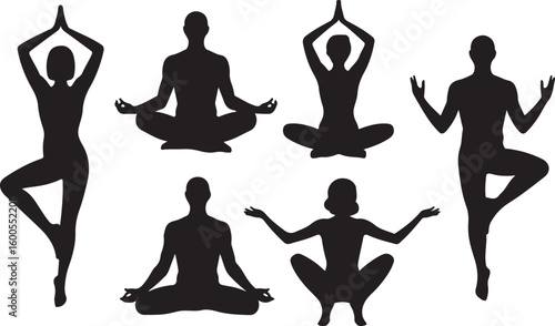 Silhouettes of people practicing yoga poses meditation fitness
