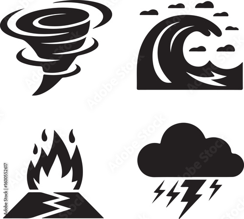 Tornado wave volcano lightning storm icons cyclone vortex