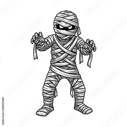 Mummy, Halloween zombie costume. Scary Helloween character disguised in bandages, walking. Creepy spooky haunted man, October party masquerade. Flat vector illustration isolated on white background