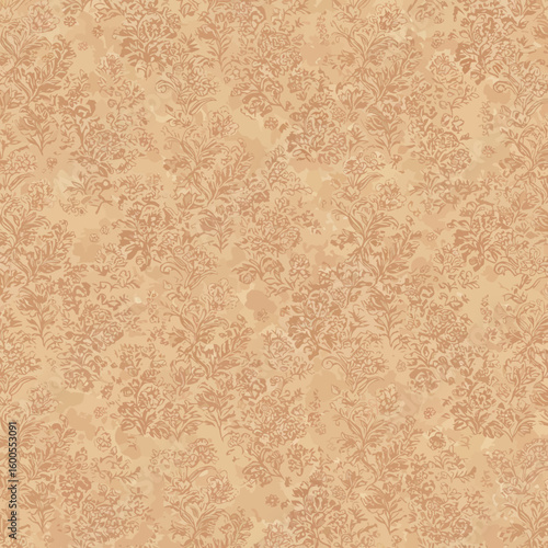Tan textured surface with a repeating floral damask pattern, creating a vintage or classic wallpaper effect.