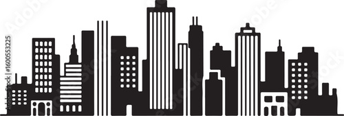 Black and white city skyline with varied building heights buildings architecture