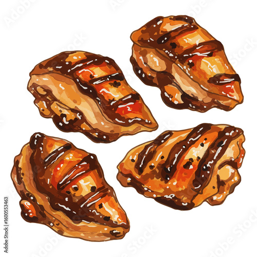 Delicious grilled chicken breast pieces with barbecue marks isolated on white background digital ill