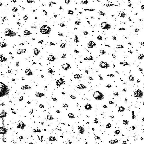 Monochrome seamless pattern of small asteroids and specks scattered across a white background surface