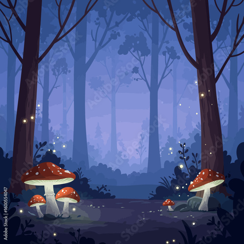 Enchanting twilight forest path illuminated by fireflies and glowing toadstools.