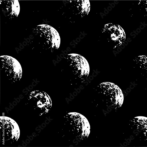 Monochrome abstract pattern of spherical shapes with textured surfaces on a black background design view