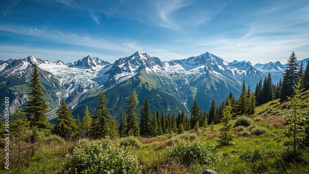 Obraz premium Brightly illuminated rugged hills with snowy tops and abundant foliage