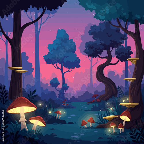 Enchanting twilight forest path illuminated by glowing mushrooms and fireflies.