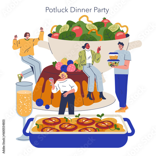 Potluck Dinner Party with Friends Sharing Dishes