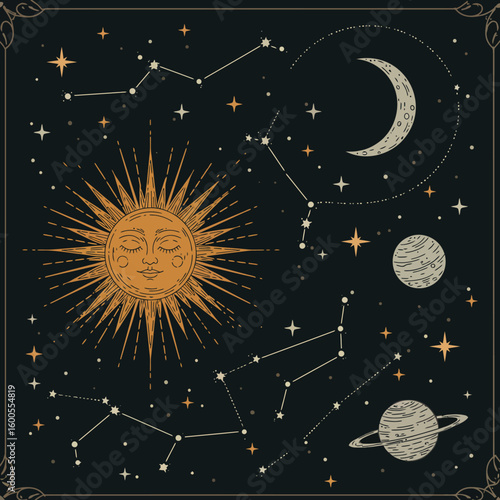 An artistic illustration of celestial bodies including sun, moon, stars, and planets.