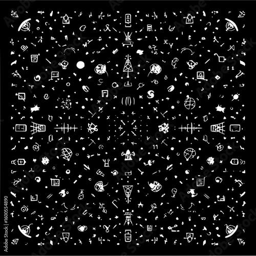 White doodles scattered on a black background create a chaotic and abstract visual pattern design