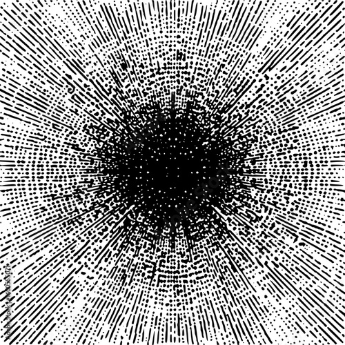 Radial burst pattern with dense central area and radiating lines and dots in black and white style