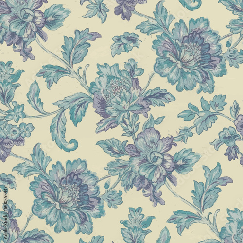 Elegant, repeating floral pattern with teal and mauve blossoms on a cream background.