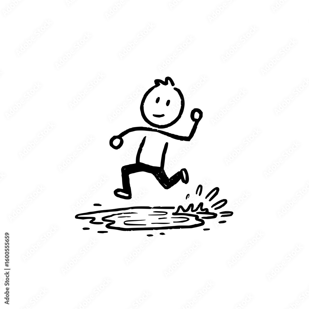 Fototapeta premium Stick figure running and splashing through a puddle of water with a happy expression on a white background
