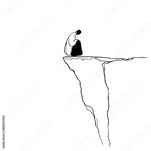 A lone figure sits perched on the edge of a cliff in a minimalist black and white illustration style