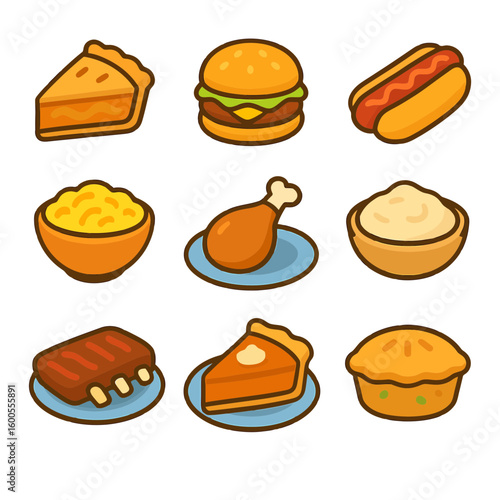 A set of various cartoon food icons, including pie, burger, hotdog, mac and cheese, chicken leg, mashed potatoes, ribs, and more. 