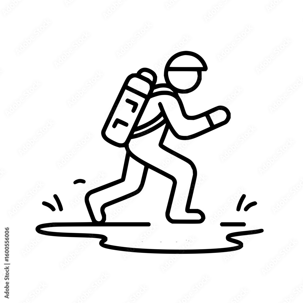 Fototapeta premium Outline drawing of a figure with a tank on their back walking through a puddle of liquid on the ground