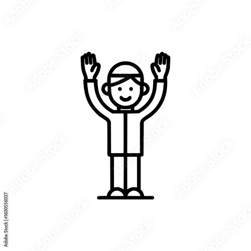 Illustration of a person with raised hands wearing a cap and a jacket in a simple line art style