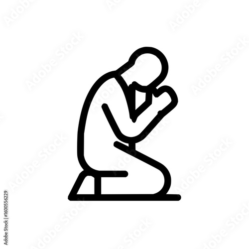Illustration of a person kneeling with hands clasped in prayer in a minimalist line drawing style graphic