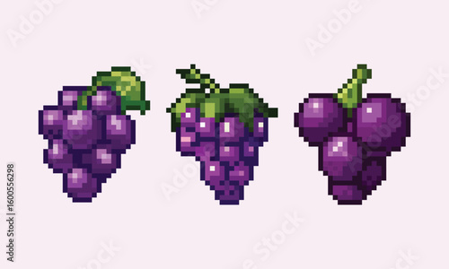 Pixel Art Purple Grape Bunch Set. A set of three pixel art illustrations of purple grape bunches. 