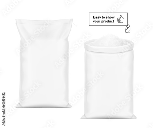 Woven sack bag mockup for chemical products and etc. High realistic. Vector illustration isolated on white background. Ready for use in presentation, promo, advertising. EPS10.