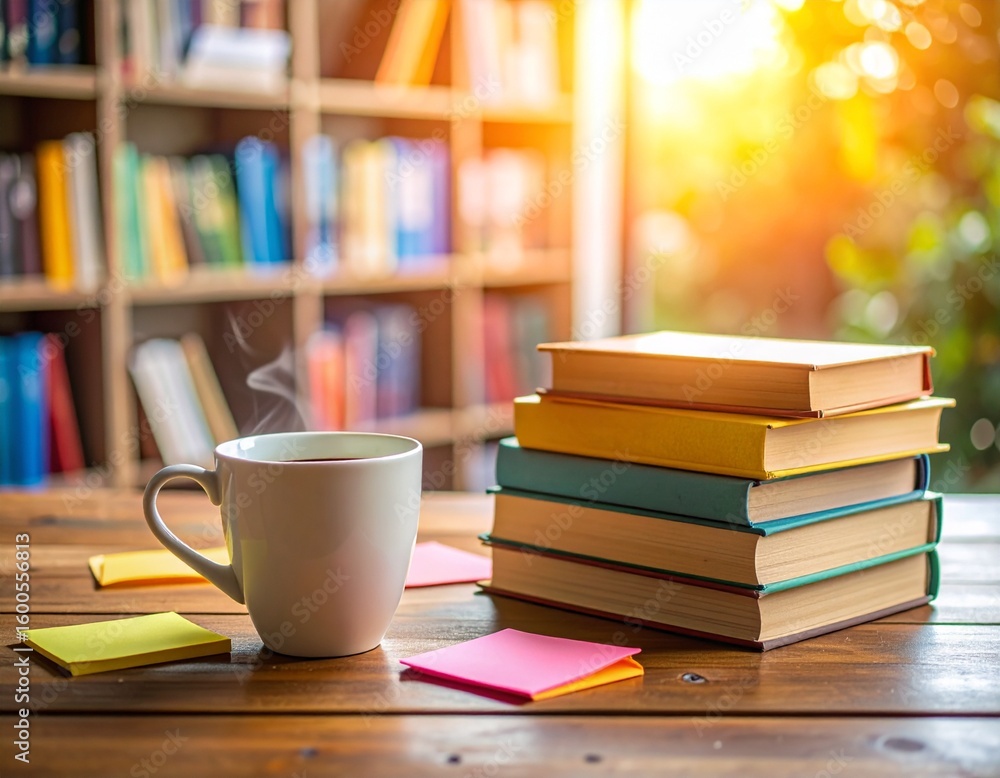 Fototapeta premium Cozy Textbook Stack with Coffee and Notes