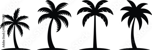 Four silhouetted palm trees standing tall on a white background