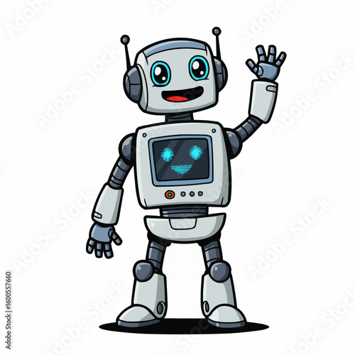 Friendly cartoon robot character waving with a happy expression.