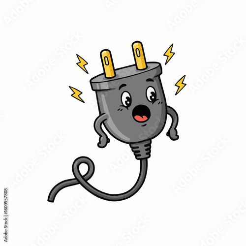 Cartoon electric plug with surprised expression, showing electricity.
