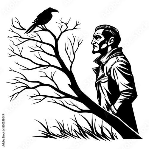 Black and White Silhouette of Man and Raven on a Bare Tree