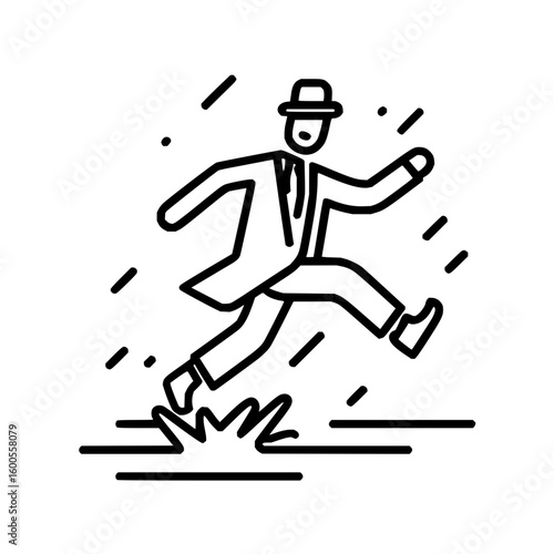 A minimalist line drawing of a businessman running or walking quickly across a surface or puddle in black and white