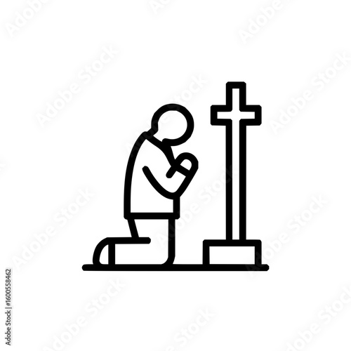 A simple line drawing of a person praying with a cross above their head in a minimalist style design