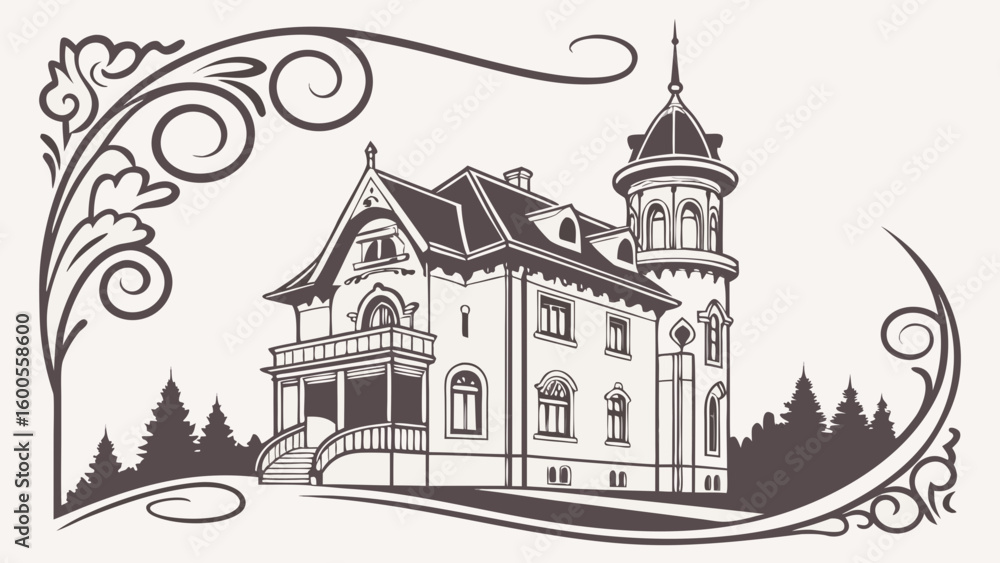 Obraz premium Illustration of a detailed house with a tower and decorative flourishes in a vintage style design