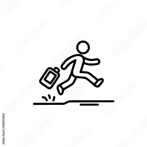 A stick figure running through a puddle with a smile on its face and water splashing around its feet quickly