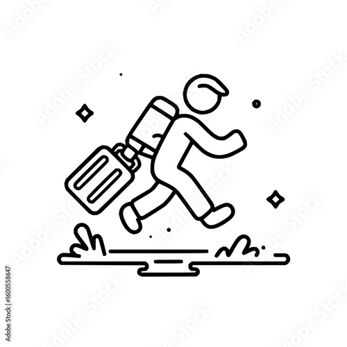 A stick figure running with a briefcase jumps over a puddle in a black and white line drawing style image