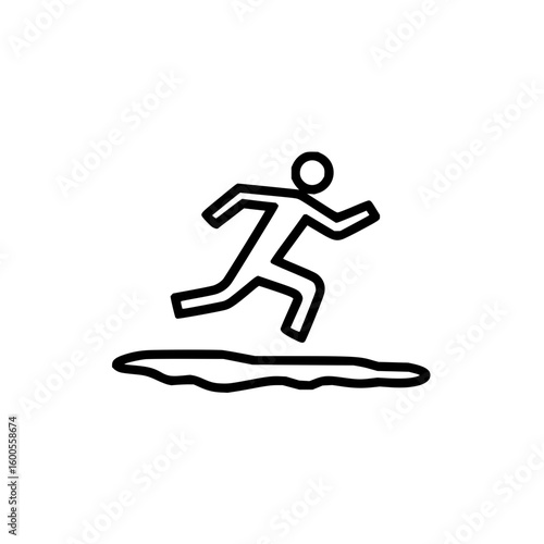 Person running with a briefcase and backpack jumping over an obstacle in a black and white line art style