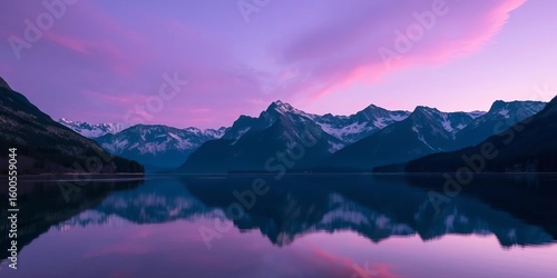 Twilight purple mountains reflecting in a still lake ,  outdoor,  still water