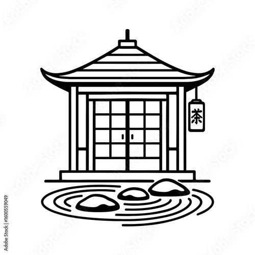 Traditional Japanese Tea House with Zen Garden and Lantern Vector