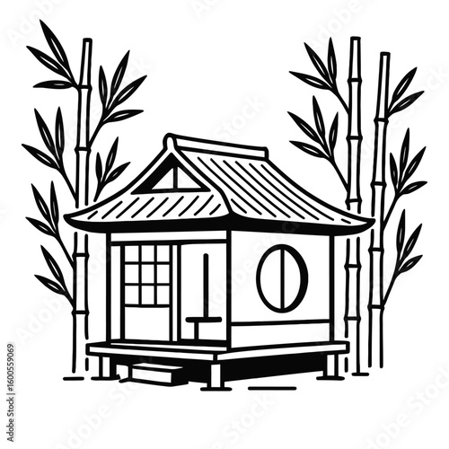 Traditional Japanese Tea House with Bamboo Grove Vector Art