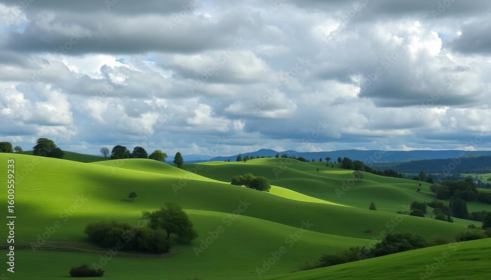 Fototapeta premium Rolling green hills dotted with lush trees and bushes under a dramatic cloudy sky, ecology, atmospheric