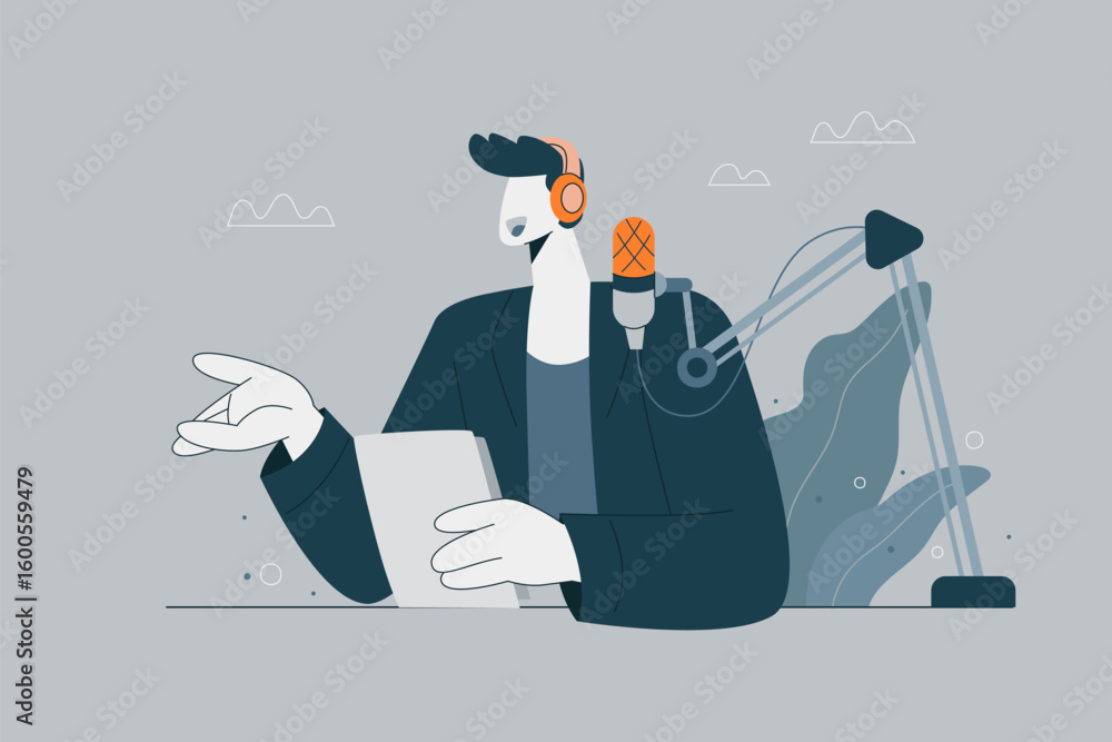A male podcast host speaking into a microphone while wearing headphones during a live broadcast. Concept of podcasting, content creation, and online media. Flat vector design illustration.