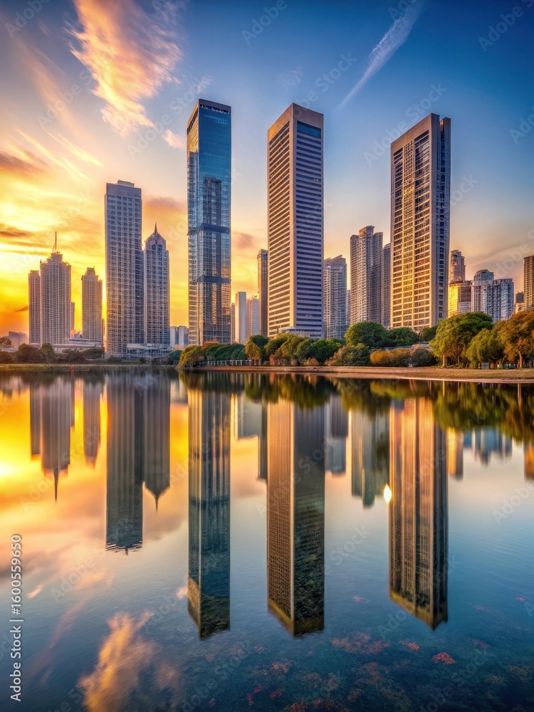 Obraz premium Towering skyscrapers reflected in a calm urban lake at sunset