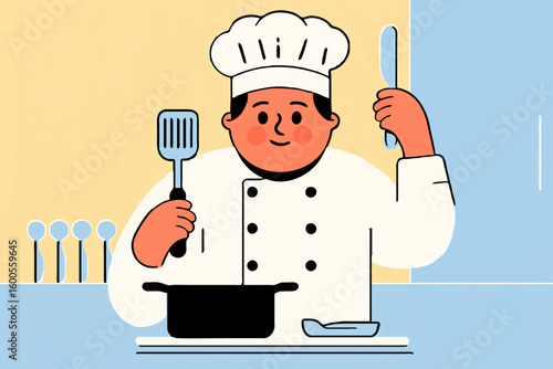 Chef preparing meal with spatula in kitchen

