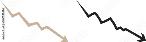 Two hand drawn zigzag arrows pointing downwards representing financial decline and negative trends isolated on transparent background