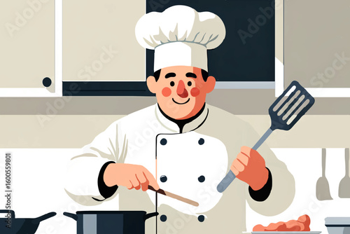 Chef preparing meal with spatula in kitchen


